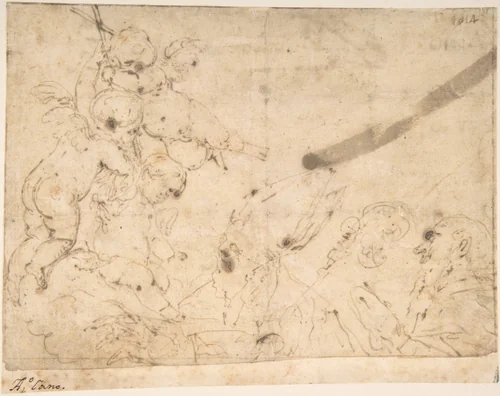 Three Putti Holding Cross Before Two Male Saints by Alonso Cano, drawing, 1601-1667