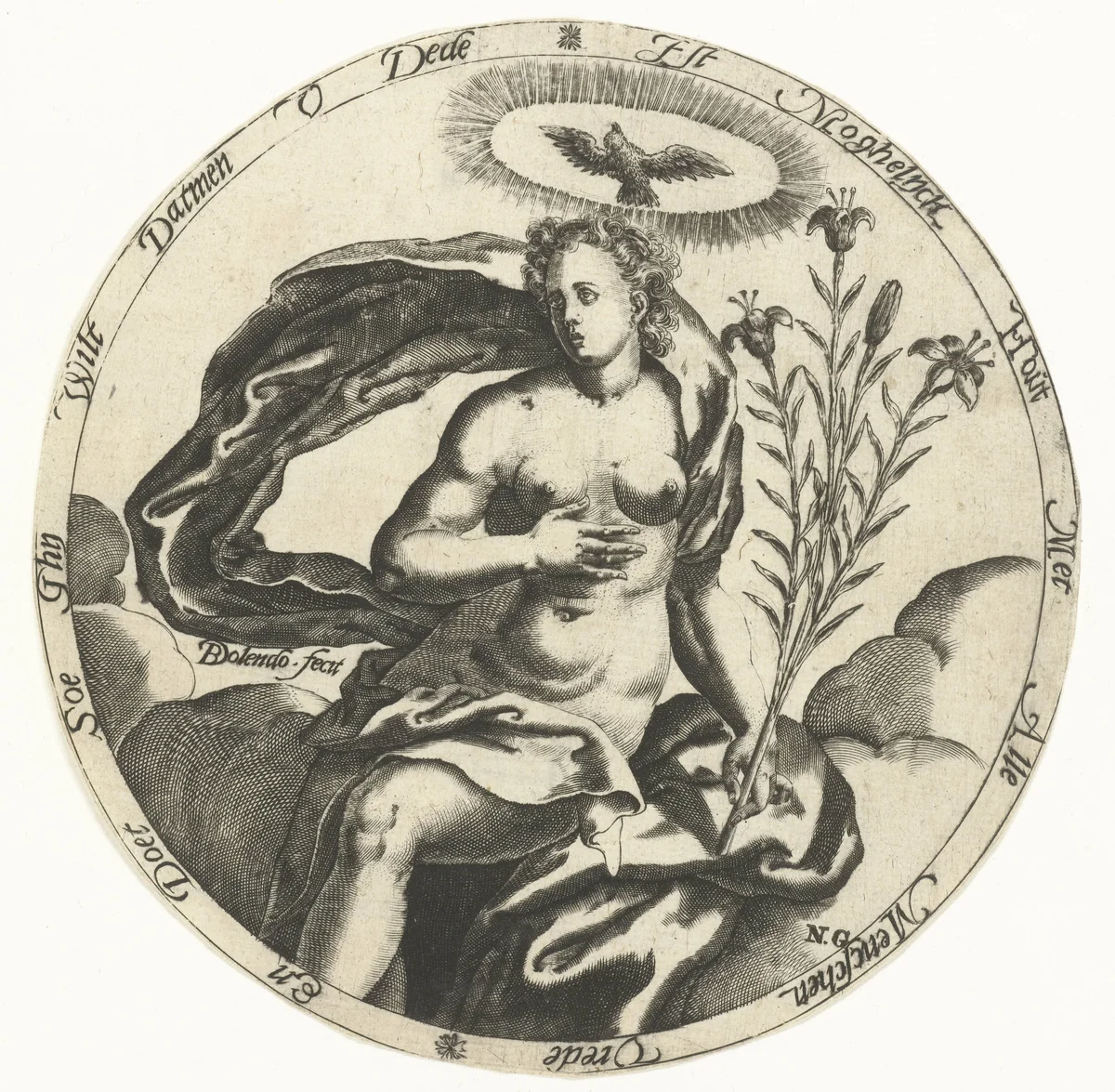 Personificatie van de vrede met lelietak en duif by Unknown, print, 1589-1626