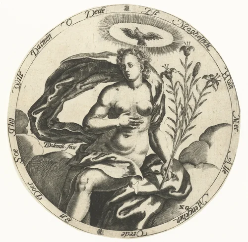 Personificatie van de vrede met lelietak en duif by Unknown, print, 1589-1626