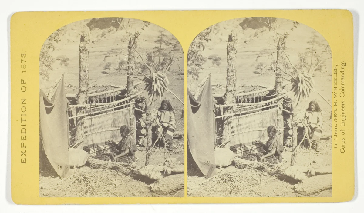 Aboriginal life among the Navajo Indians, Cañon de Chelle, New Mexico. Squaw weaving blankets. The native loom. The blankets made are of the best quality, and impervious to water, No. 26 from the series "Geographical Explorations and Surveys West of the 100th Meridian" by Timothy O'Sullivan, photograph, 1873