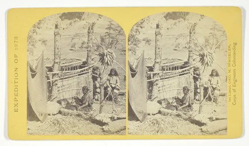 Aboriginal life among the Navajo Indians, Cañon de Chelle, New Mexico. Squaw weaving blankets. The native loom. The blankets made are of the best quality, and impervious to water, No. 26 from the series "Geographical Explorations and Surveys West of the 100th Meridian" by Timothy O'Sullivan, photograph, 1873