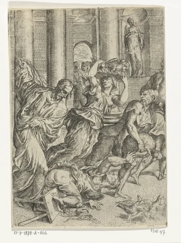 Christus verdrijft geldwisselaars uit de tempel by Unknown, print, 1514-1599