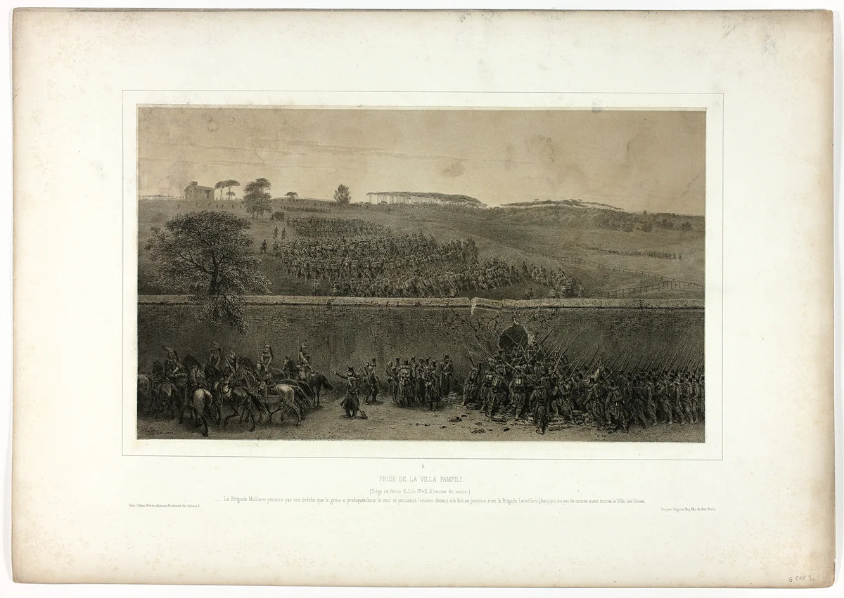 Capture of the Villa Pamfili, from Souvenirs d’Italie: Expédition de Rome by Denis Auguste Marie Raffet, print, 1852