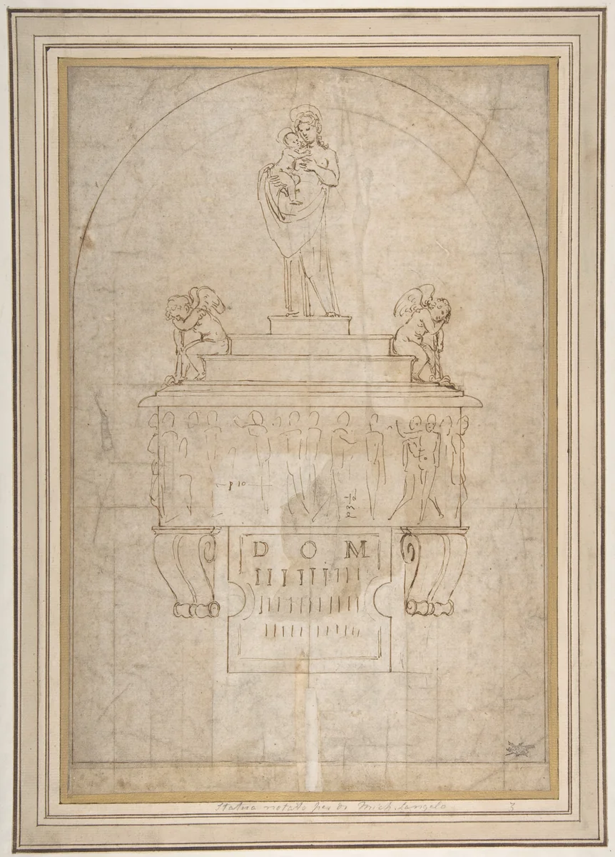 Design for a Wall Tomb or Monument (Recto); Smaller Variant Version with Half Length Madonna & Child on Crescent Moon (Verso) by Giovanni Francesco Penni, drawing, 1496-1528