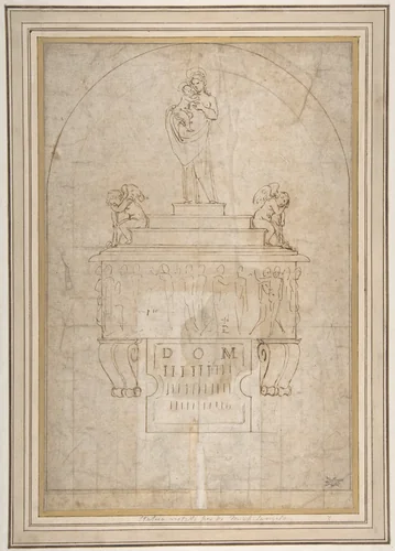 Design for a Wall Tomb or Monument (Recto); Smaller Variant Version with Half Length Madonna & Child on Crescent Moon (Verso) by Giovanni Francesco Penni, drawing, 1496-1528