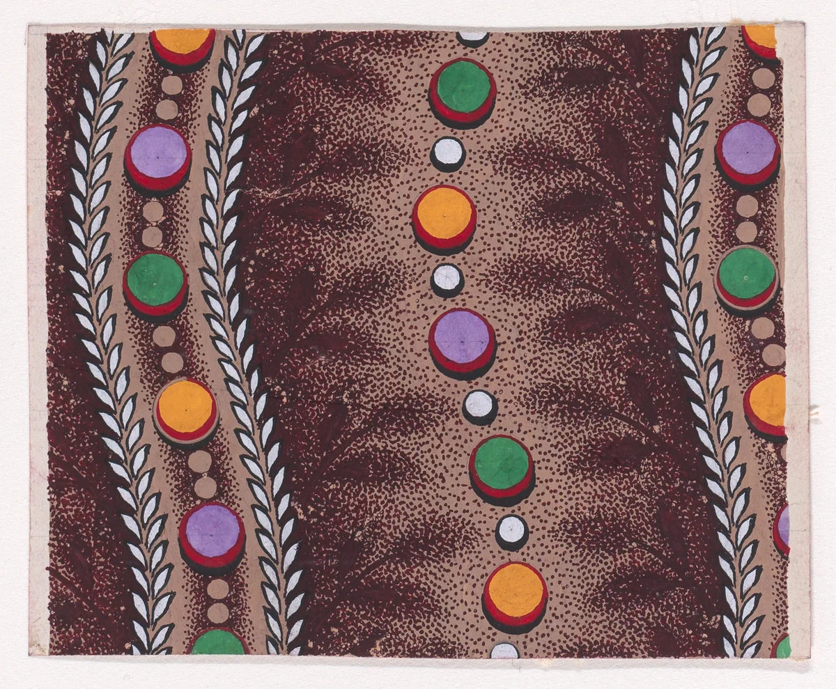 Textile Design with Vertical Undulating Ribbons Framed by Garlands of Stylized Leaves and with Pearls and Dots Running Along the Middle and with Offsetting Branches with Stylized Leaves Separated by Undulating Strips of Alternating Pearls by anonymous, drawing, 1840