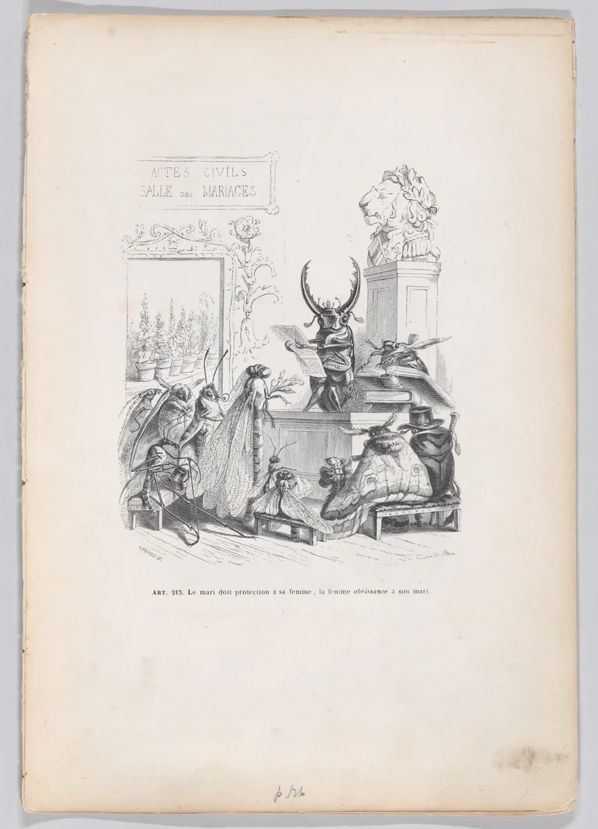 Article 231. The husband needs to protect his wife, the wife needs to obey her husband, from "Scenes from the Private and Public Life of Animals" by J. J. Grandville, print, 1832-1852