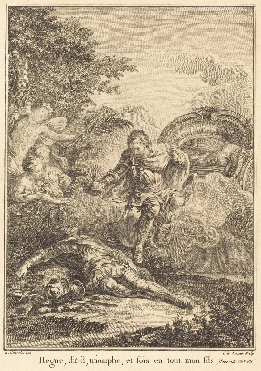 Regne, dit-il, triomphe, et sois en tout mon fils by Jean Charles Levasseur; Hubert François Gravelot, print, 1734-1816