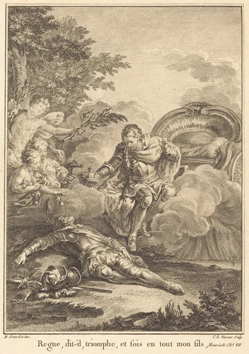Regne, dit-il, triomphe, et sois en tout mon fils by Jean Charles Levasseur; Hubert François Gravelot, print, 1734-1816