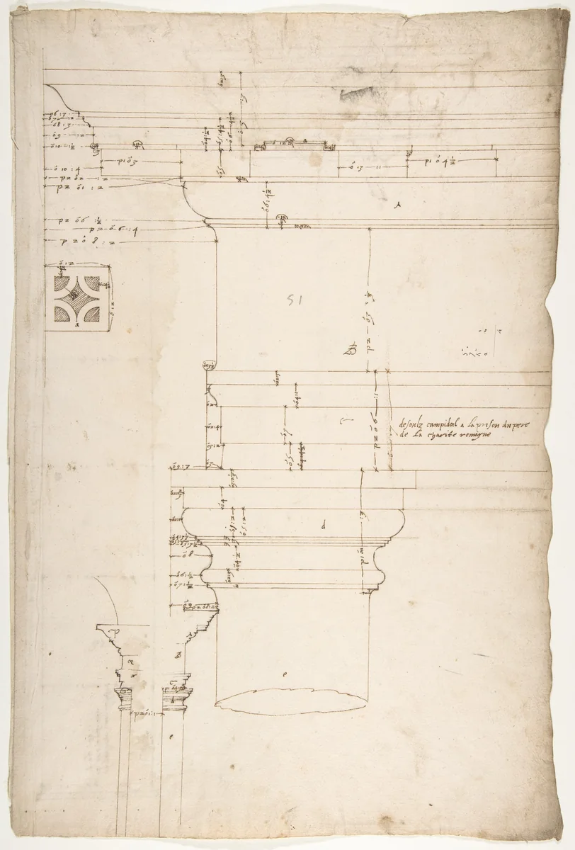 Portico at the Porta Carmentalis, Tuscan capital and entablature, elevation; pier, section, detail (recto) S. Prassede, Quadriportico, Doric capital, elevation; Palazzo Massimo alle Colonne, column shaft, profile (verso) by anonymous, drawing, 1500-1560