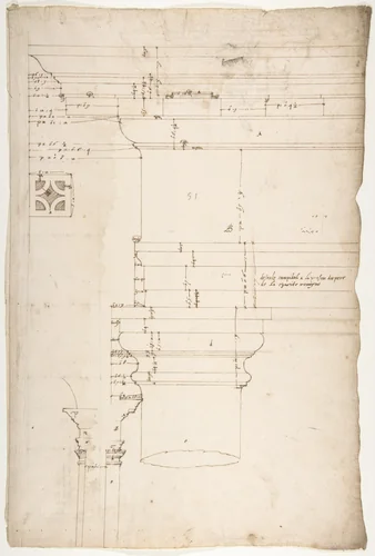 Portico at the Porta Carmentalis, Tuscan capital and entablature, elevation; pier, section, detail (recto) S. Prassede, Quadriportico, Doric capital, elevation; Palazzo Massimo alle Colonne, column shaft, profile (verso) by anonymous, drawing, 1500-1560