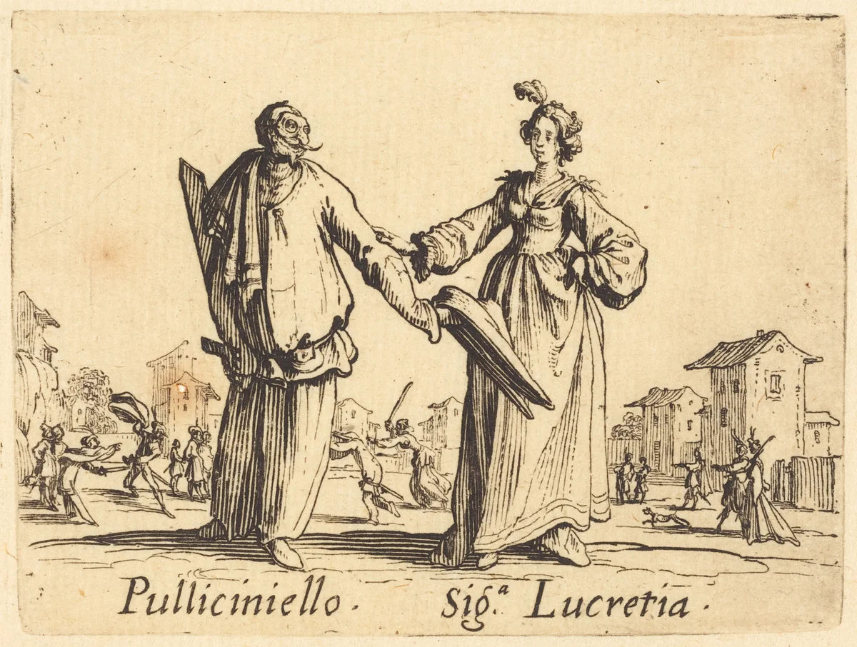 Pulliciniello and Siga. Lucretia by Jacques Callot, print, 1622