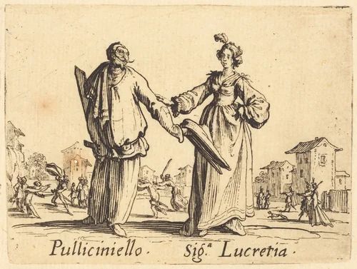 Pulliciniello and Siga. Lucretia by Jacques Callot, print, 1622