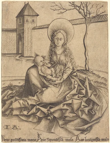 Virgin and Child in a Courtyard by Israhel van Meckenem; Martin Schongauer, print, 1445-1503