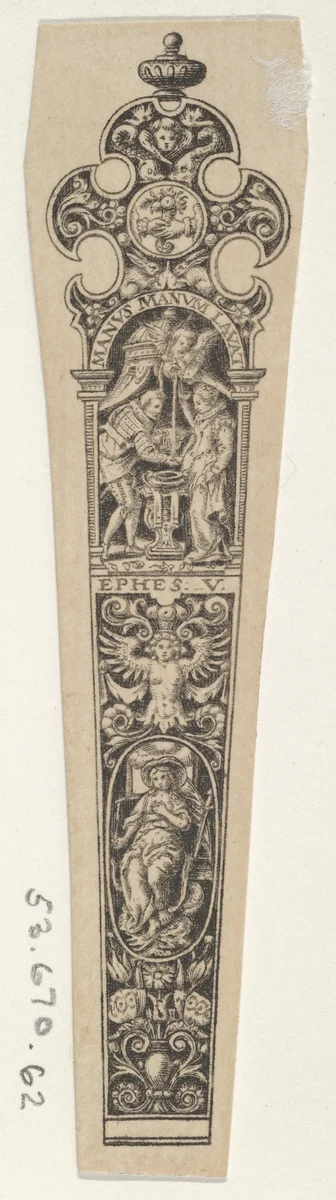 Design for a Knife Handle with a Couple Holding Hands by Johann Theodor de Bry, print, 1580-1600