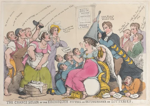 The Chance Seller of the Exchequer Putting an Extinguisher on Lotteries by Thomas Rowlandson, print, 1823