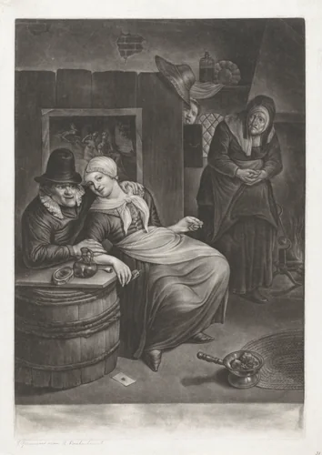Herbergscène met een liefdespaar by John Greenwood, print, 1739-1792