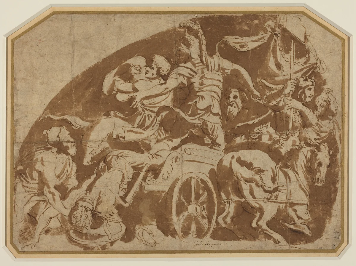 Flight of Meriones, with Dead Coeranos Being Dragged from the Chariot by Giulio Romano, drawing, 1500-1599