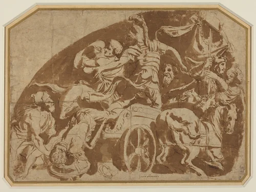 Flight of Meriones, with Dead Coeranos Being Dragged from the Chariot by Giulio Romano, drawing, 1500-1599