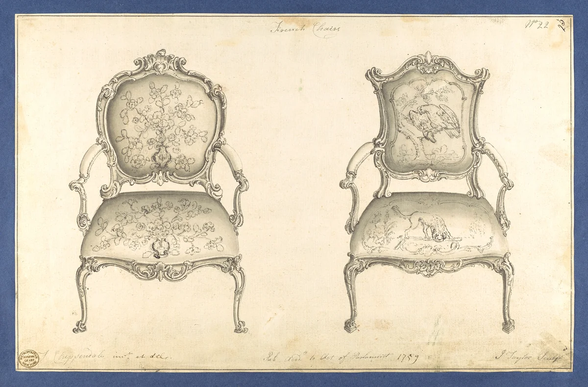 French Chairs, in Chippendale Drawings, Vol. I by Thomas Chippendale, drawing, 1759