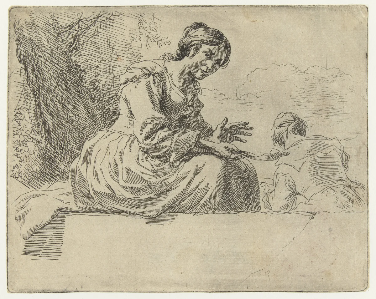 Jonge vrouw zittend op een steen by Nicolaes Pietersz Berchem, print, 1648-1652