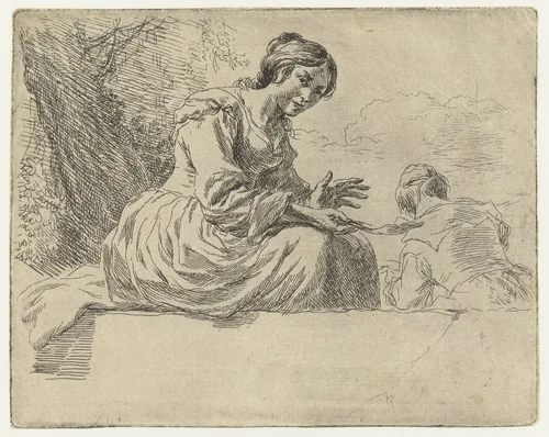 Jonge vrouw zittend op een steen by Nicolaes Pietersz Berchem, print, 1648-1652