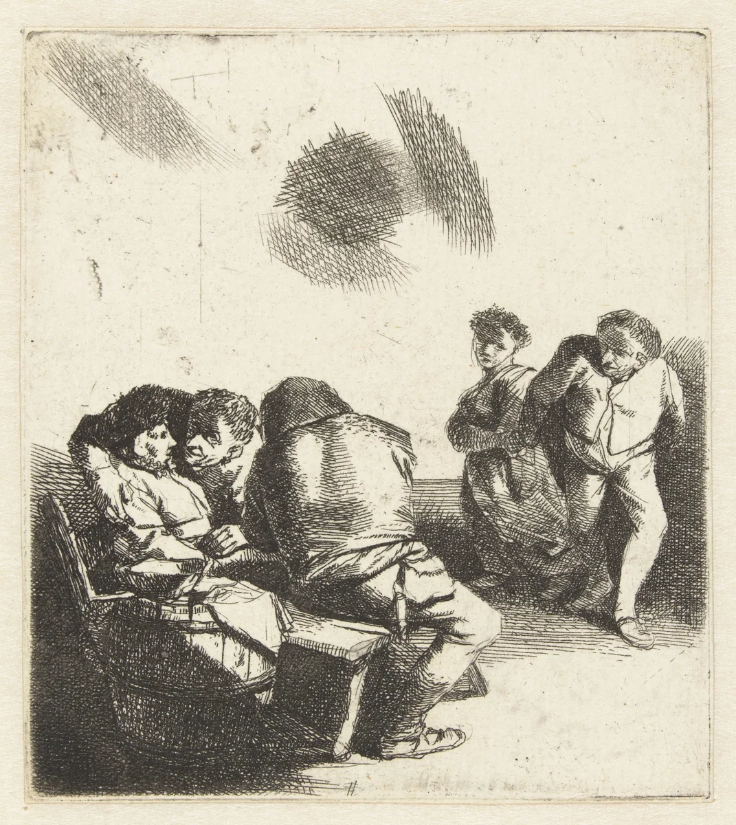 Dansende man en vrouw en twee zittende mannen en vrouw by Cornelis Pietersz. Bega, print, 1642-1664