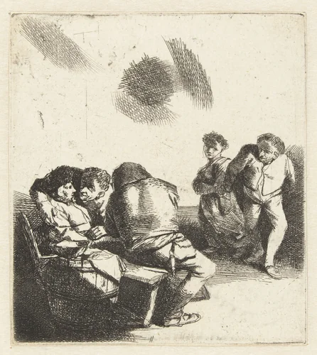 Dansende man en vrouw en twee zittende mannen en vrouw by Cornelis Pietersz. Bega, print, 1642-1664
