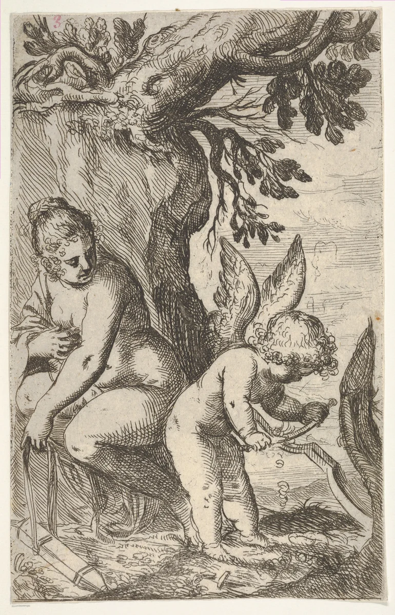 Cupid carves a wooden bow with a file, with his back turned toward Venus, from "Sport of Love" (Scherzi d'amore) by Odoardo Fialetti, print, 1617