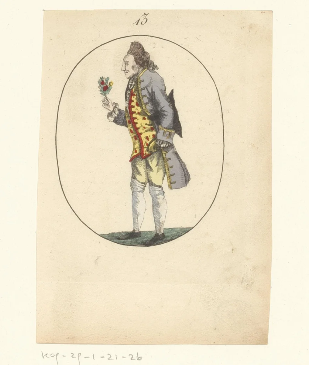 Staande man met bloem in zijn hand en steek onder zijn arm by anonymous, print, 1750-1849