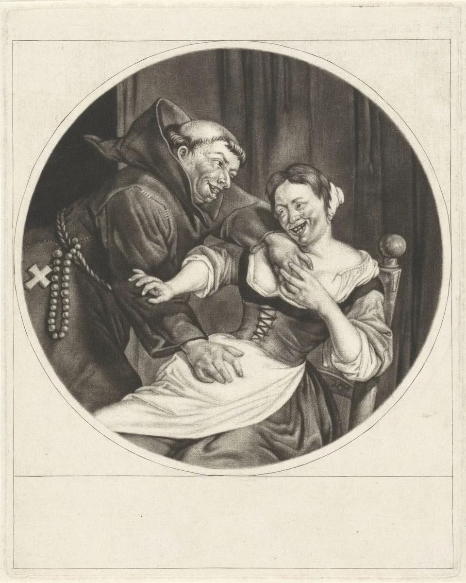 Monnik betast een vrouw by Cornelis Dusart, print, 1670-1704