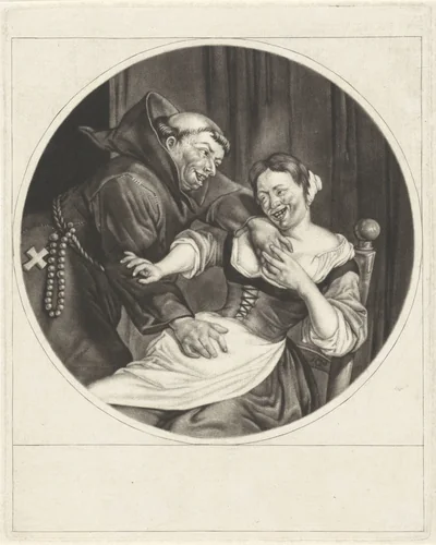 Monnik betast een vrouw by Cornelis Dusart, print, 1670-1704