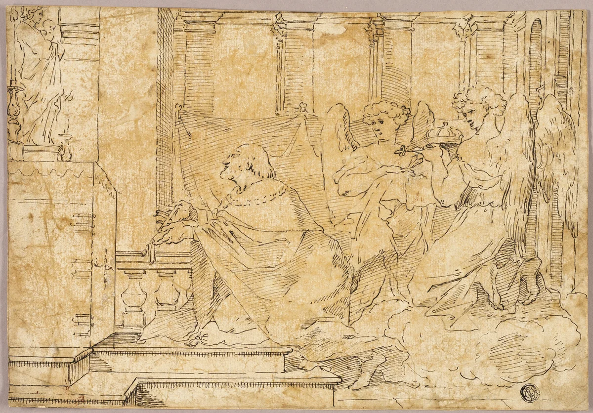 Saint Kneeling before Altar with Statue of Madonna and Child by Sébastien Bourdon, drawing, 1636-1671