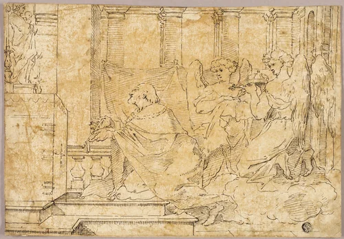 Saint Kneeling before Altar with Statue of Madonna and Child by Sébastien Bourdon, drawing, 1636-1671