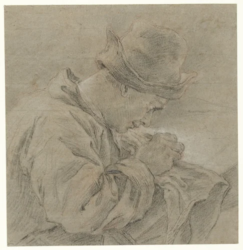 Tekenaar aan het werk, van opzij gezien by Carle van Loo, drawing, 1715-1765