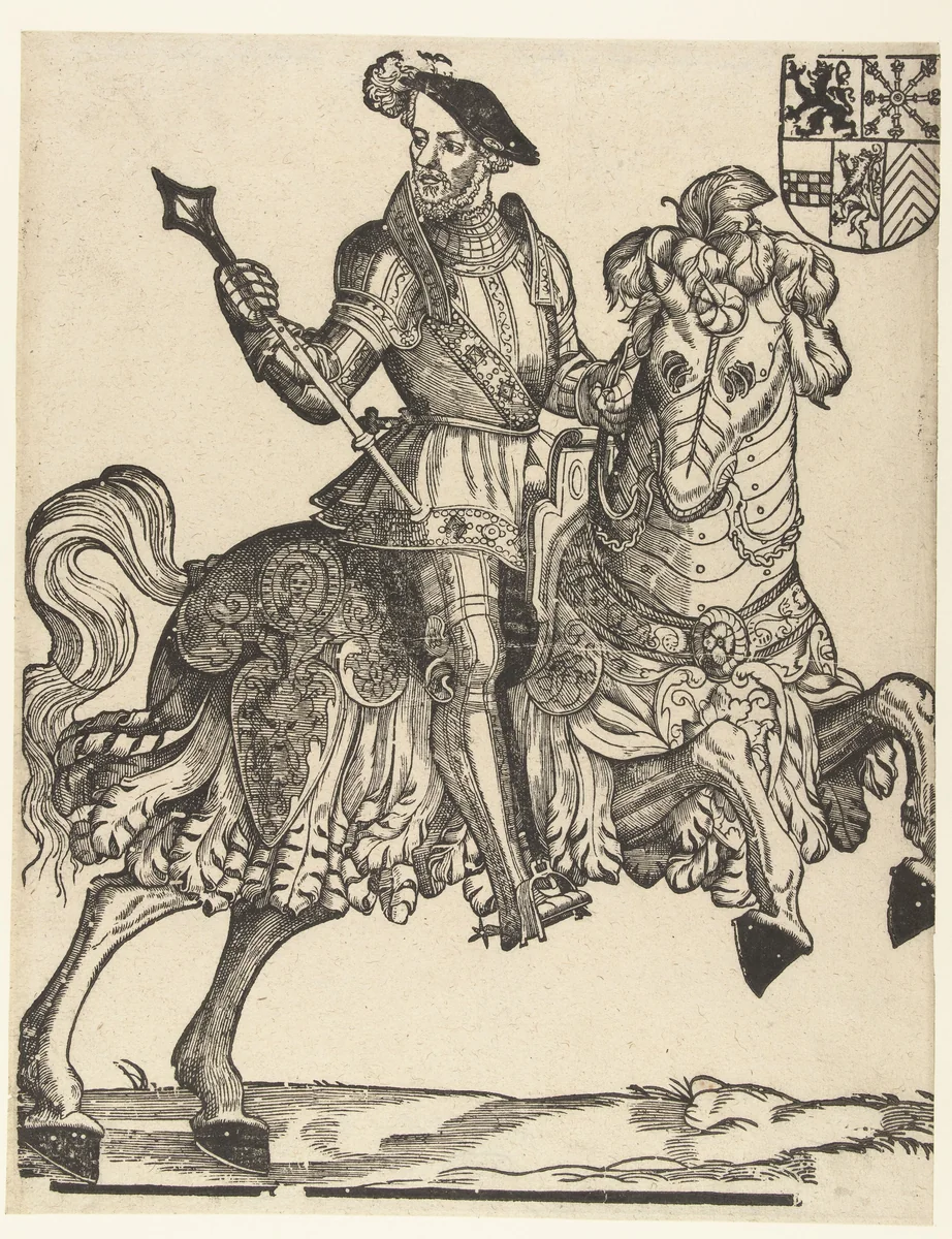 Portret van hertog Willem van Kleef, Gulik en Berg, graaf van Mark, heer van Ravenstein te paard by Cornelis Anthonisz, print, 1538-1542