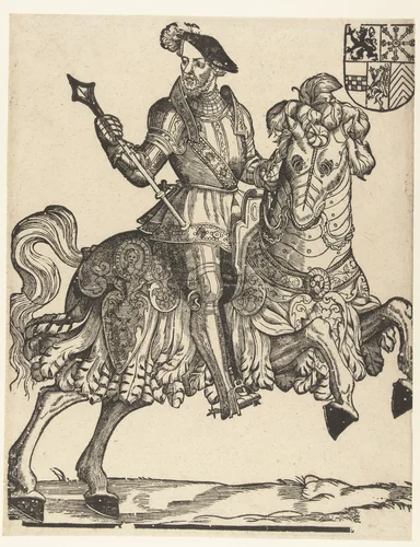 Portret van hertog Willem van Kleef, Gulik en Berg, graaf van Mark, heer van Ravenstein te paard by Cornelis Anthonisz, print, 1538-1542