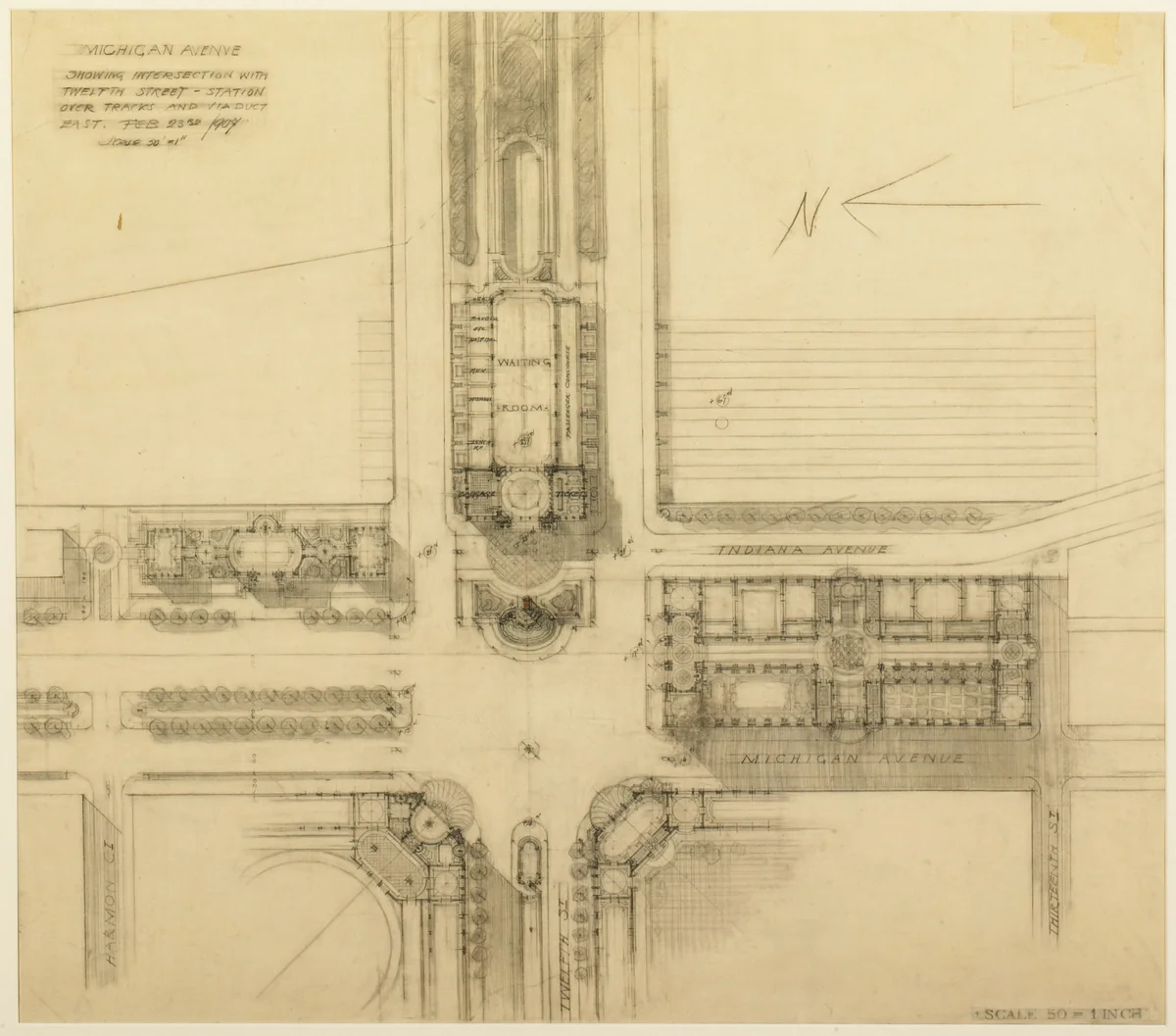Plate 119 from The Plan of Chicago, 1909: Chicago. Sketch Plan of the Intersection of Michigan Avenue and Twelfth Street by Daniel Hudson Burnham
Edward Herbert Bennett, drawing, 1907