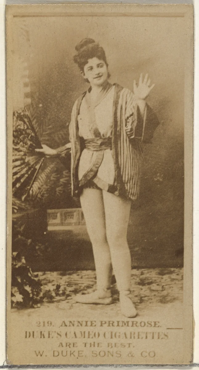 Card Number 219, Annie Primrose, from the Actors and Actresses series (N145-5) issued by Duke Sons & Co. to promote Cameo Cigarettes by W. Duke, Sons & Co., photograph, 1880-1889