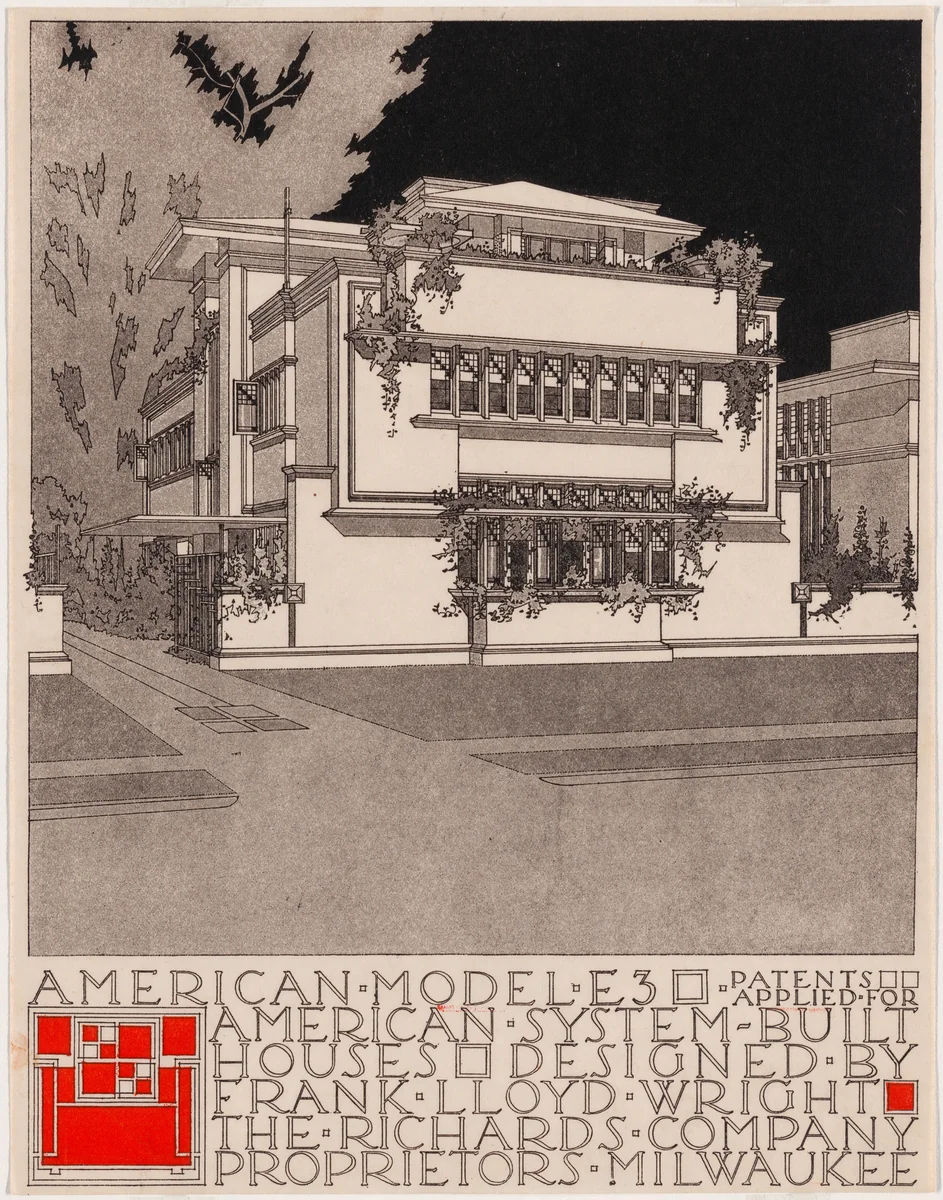 American System-Built Houses for The Richards Company project (Exterior perspective of model E3) by Frank Lloyd Wright, architecture, 1915