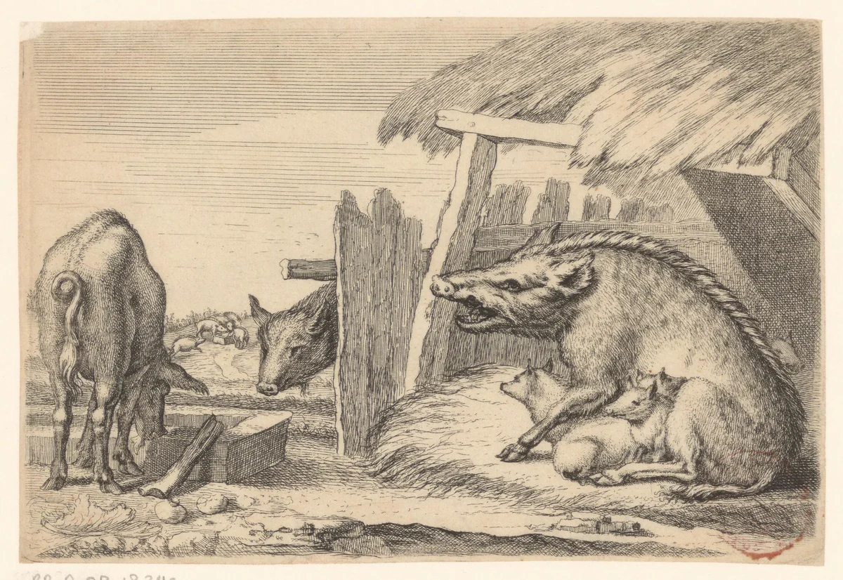 Zwijnen bij een hok by Richard Gaywood, print, 1654-1670