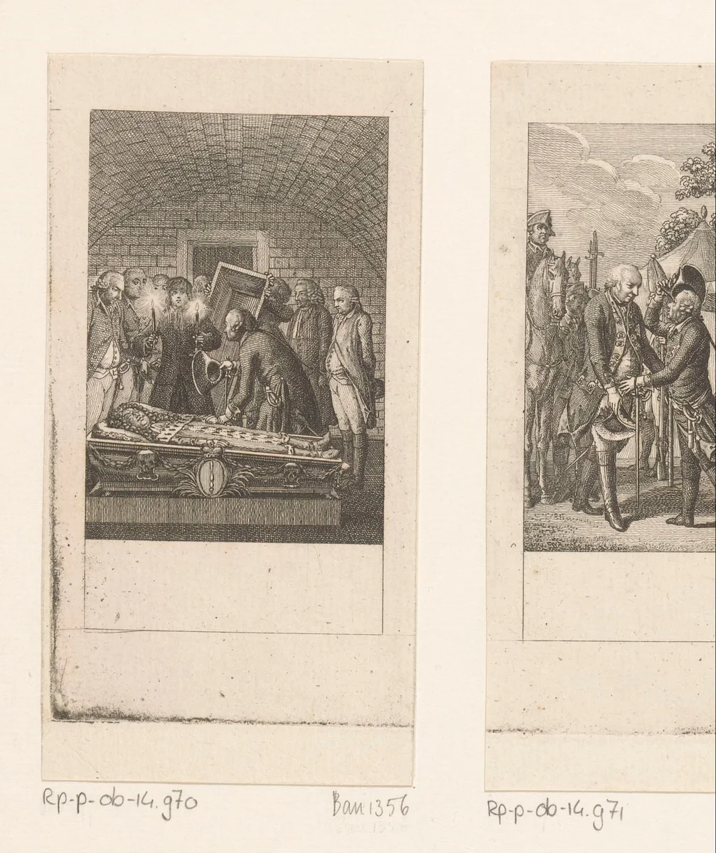 Frederik II bij het geopende graf van zijn voorganger by Daniel Nikolaus Chodowiecki, print, 1788
