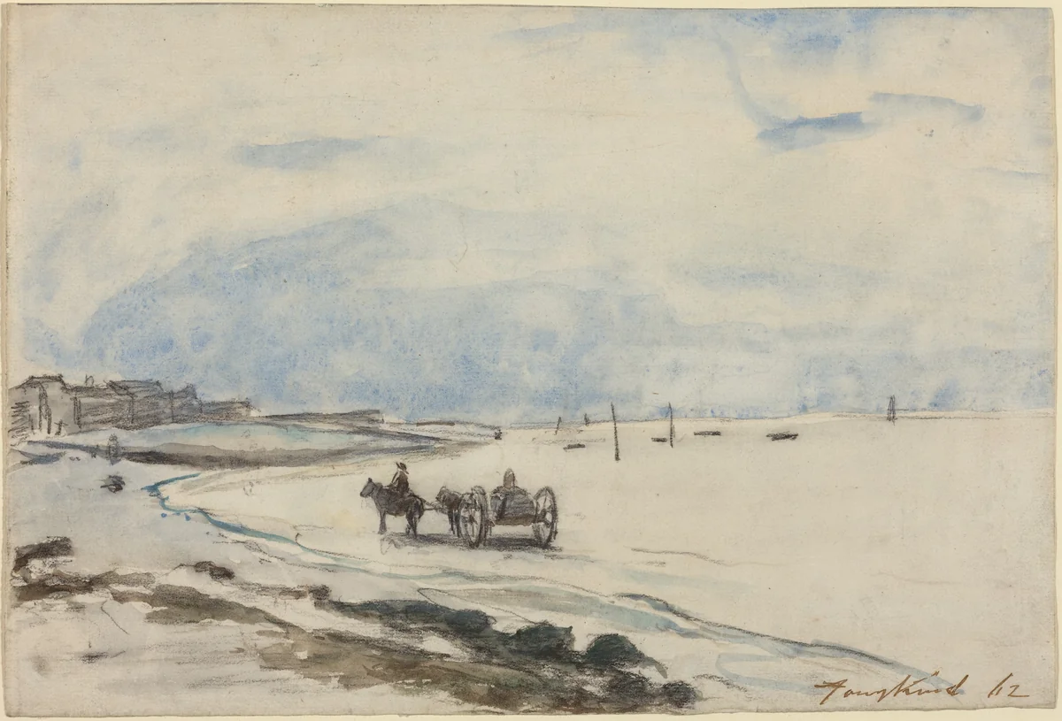 Cart on the Beach at Etretat by Johan Barthold Jongkind, drawing, 1862