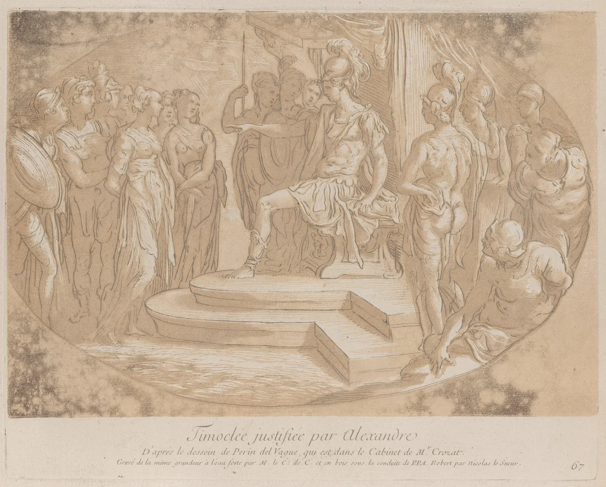 Alexander the Great freeing Timoclea; from 'Recueil d'estampes d'après les plus beaux tableaux et d'après les plus beaux desseins qui sont en France, Cabinet Crozat' by Anne Claude Philippe de Tubières, print, 1724-1745