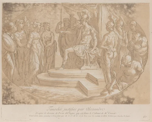 Alexander the Great freeing Timoclea; from 'Recueil d'estampes d'après les plus beaux tableaux et d'après les plus beaux desseins qui sont en France, Cabinet Crozat' by Anne Claude Philippe de Tubières, print, 1724-1745