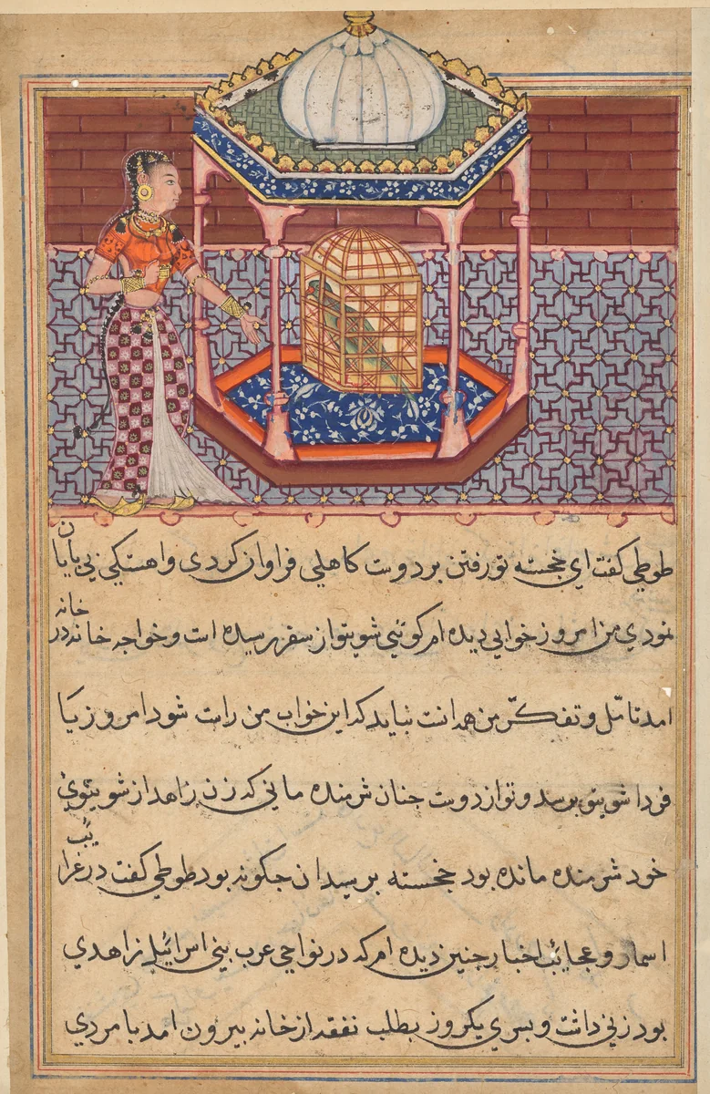 The parrot addresses Khujasta at the beginning of the fifty-second night, from a Tuti-nama (Tales of a Parrot): Fifty-second Night by Unknown, painting, 1555-1565