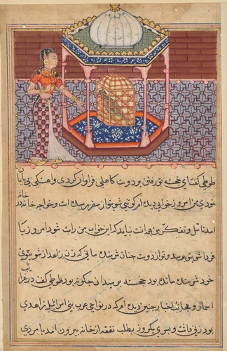 The parrot addresses Khujasta at the beginning of the fifty-second night, from a Tuti-nama (Tales of a Parrot): Fifty-second Night by Unknown, painting, 1555-1565