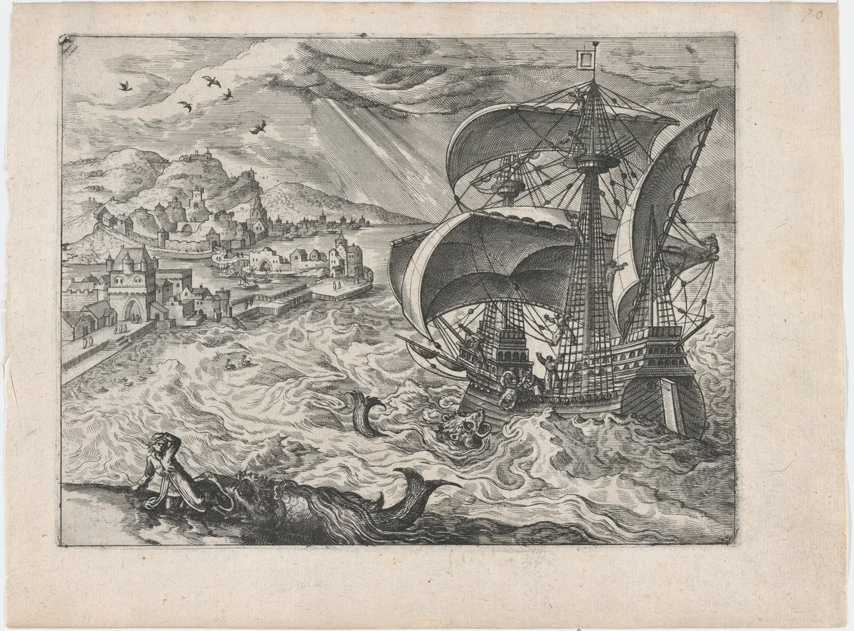 Landscape with a Ship and Jonah and the Whale by Lucas Gassel, print, 1555-1575