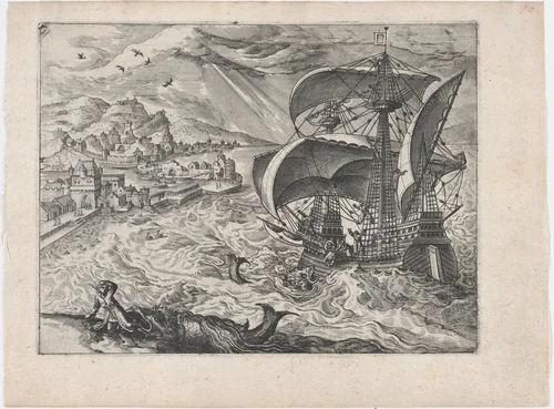 Landscape with a Ship and Jonah and the Whale by Lucas Gassel, print, 1555-1575