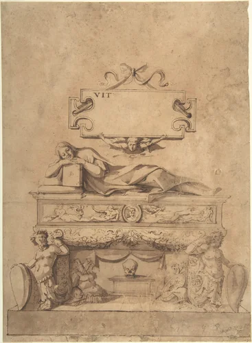 Tomb Design with Reclining Figure on Sarcophagus by anonymous, drawing, 1500-1599